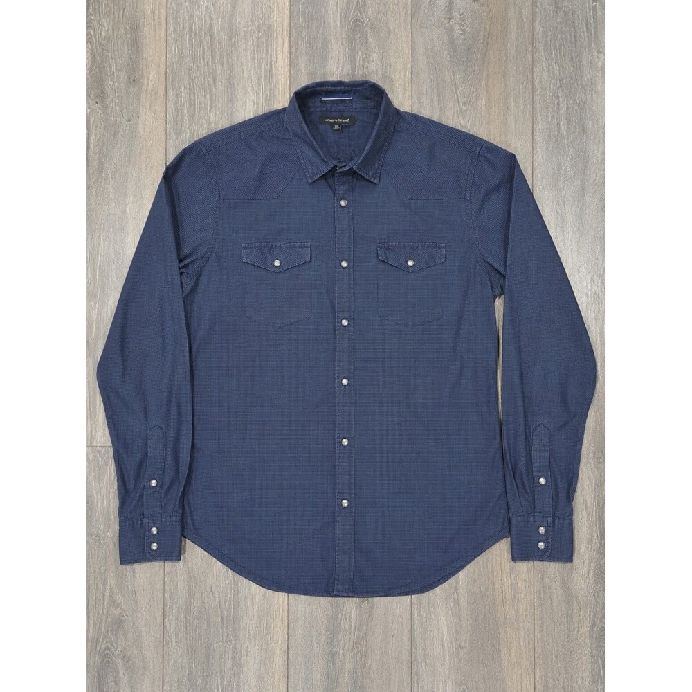 Banana Republic Mens XL Navy Micro Check Pearl Snap Western Shirt Long Sleeve